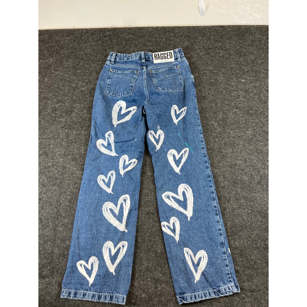 The Ragged Priest Ragged Jeans Womens 26 Blue Heart Print Wide Leg Denim Y2K